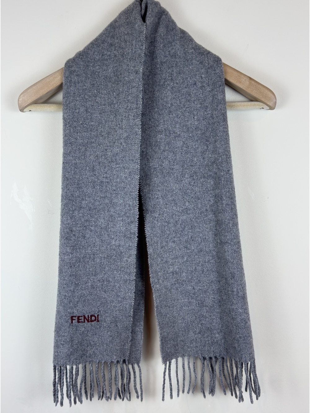 Fendi Gray Fringe Scarf Red Embroidered Logo Designer Winter Wrap 50”